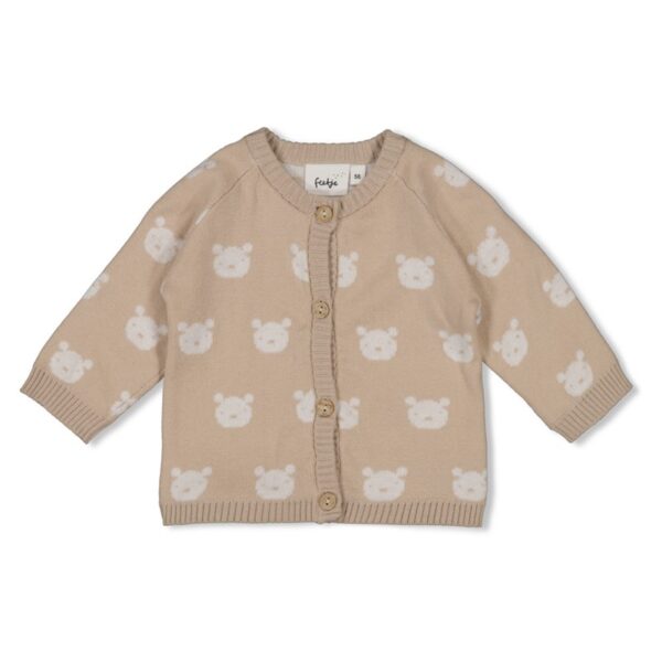 Gebreid babyvestje in zand melange met schattige berenprint.
